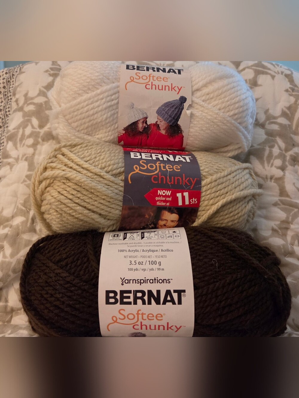 Bernat Softee Chunky Yarn Trio - WHITE , DARK TAUPE  & LINEN
